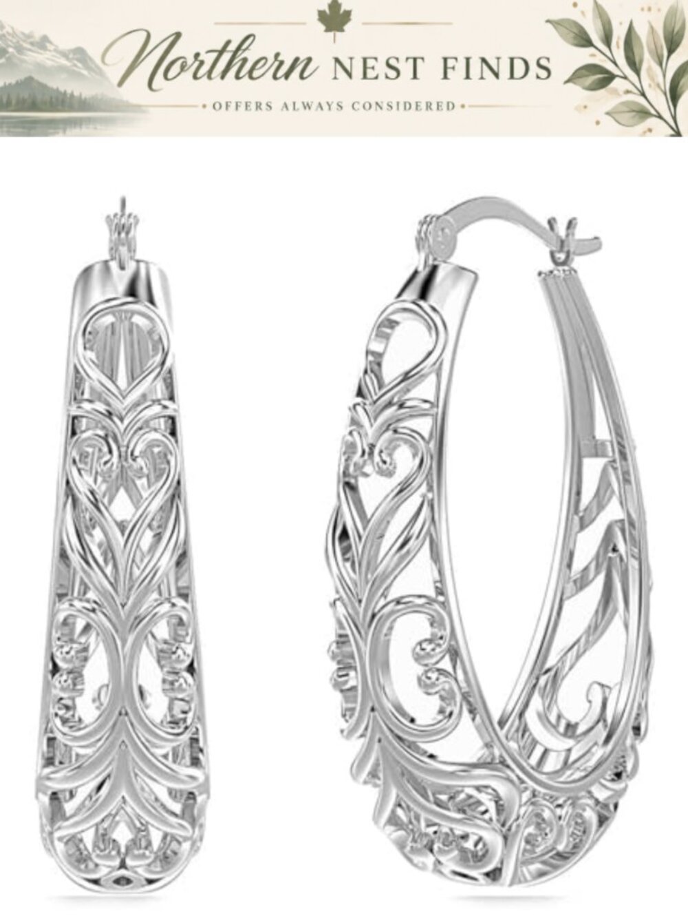 925 Sterling Silver Filigree Hoop Earrings Openwork Mesh Hypoallergenic